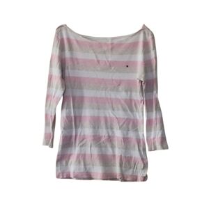 Vintage Tommy Hilfiger Pink Cream White Striped 3/4 Sleeve Sweater Size Small